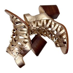 NWOT Gold Leather Caged Peep Toe Stretch Heels Lace up Wood Stacked Block Heel